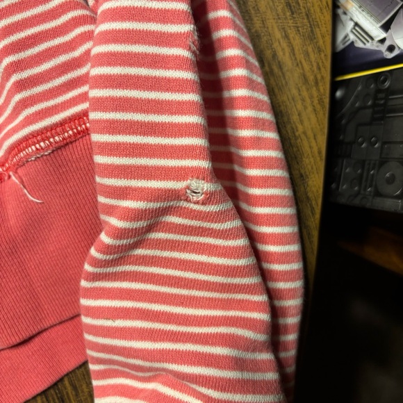 American Eagle Small Hoodie Sweatshirt Pink White Stripe Distressed 100% Cotton - Picture 4 of 6